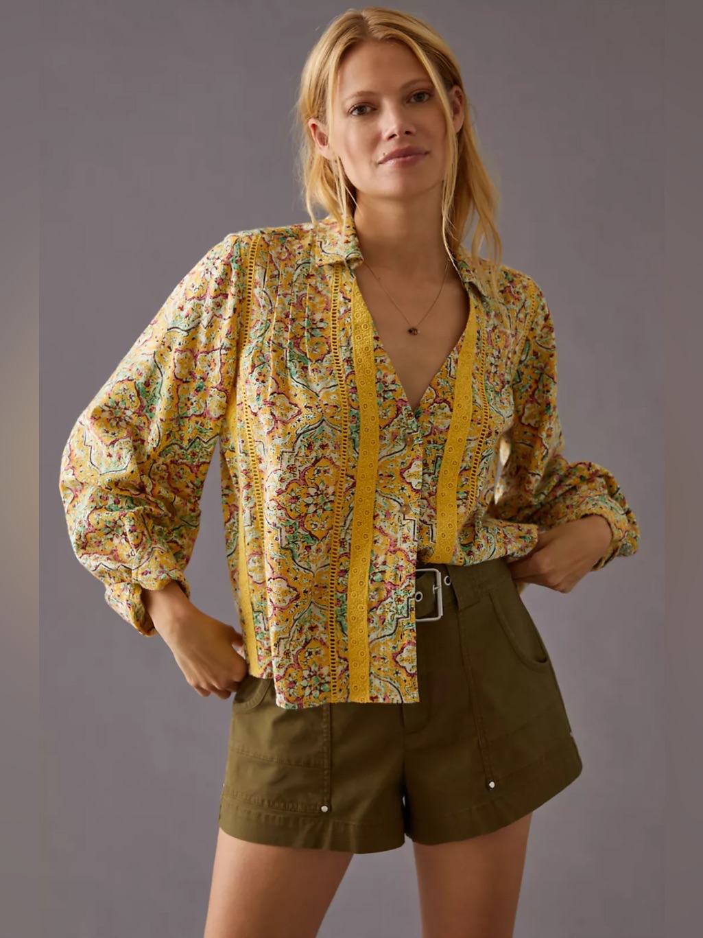 Anthropologie Pilcro Pintuck Peasant Blouse Yellow Lace Women’s Size Small